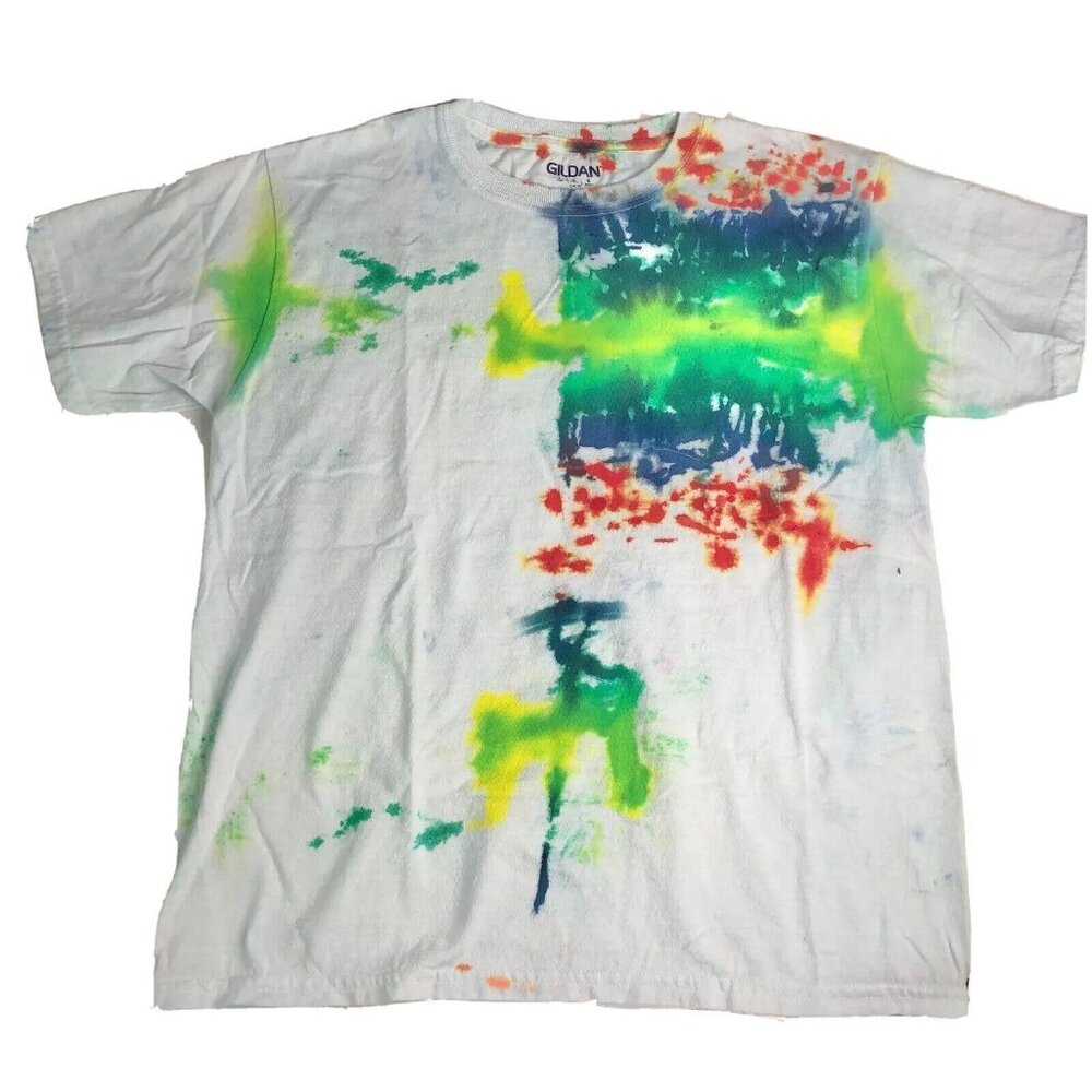 Tie Dye Gildan Youth T-Shirt L 14/16 Color Splash Cotton Short Sleeve White Base